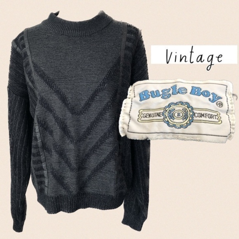 Vintage Bugle Boy Heavy Knit Geometric Leather Detail Sweater